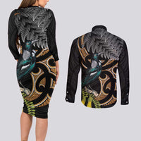 Aotearoa Kowhai Tui Bird Couples Matching Long Sleeve Bodycon Dress and Long Sleeve Button Shirt Maori Ngaru With Silver Fern LT14 - Polynesian Pride