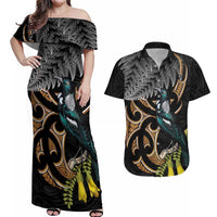 Aotearoa Kowhai Tui Bird Couples Matching Off Shoulder Maxi Dress and Hawaiian Shirt Maori Ngaru With Silver Fern