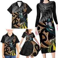 Aotearoa Kowhai Tui Bird Family Matching Long Sleeve Bodycon Dress and Hawaiian Shirt Maori Ngaru With Silver Fern LT14 - Polynesian Pride