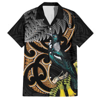 Aotearoa Kowhai Tui Bird Family Matching Long Sleeve Bodycon Dress and Hawaiian Shirt Maori Ngaru With Silver Fern LT14 Dad's Shirt - Short Sleeve Black - Polynesian Pride