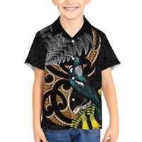 Aotearoa Kowhai Tui Bird Family Matching Long Sleeve Bodycon Dress and Hawaiian Shirt Maori Ngaru With Silver Fern LT14 Son's Shirt Black - Polynesian Pride