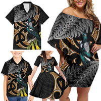 Aotearoa Kowhai Tui Bird Family Matching Off Shoulder Short Dress and Hawaiian Shirt Maori Ngaru With Silver Fern