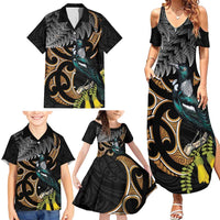 Aotearoa Kowhai Tui Bird Family Matching Summer Maxi Dress and Hawaiian Shirt Maori Ngaru With Silver Fern