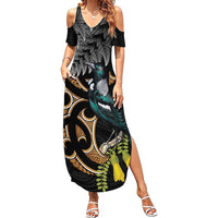 Aotearoa Kowhai Tui Bird Family Matching Summer Maxi Dress and Hawaiian Shirt Maori Ngaru With Silver Fern