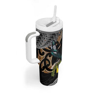 Aotearoa Kowhai Tui Bird Tumbler With Handle Maori Ngaru With Silver Fern