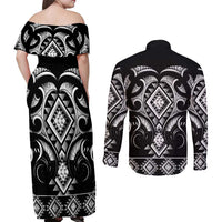 Black Ngaru Taniko With Aotearoa Maori Tattoo Couples Matching Off Shoulder Maxi Dress and Long Sleeve Button Shirt