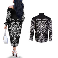 Black Ngaru Taniko With Aotearoa Maori Tattoo Couples Matching Off The Shoulder Long Sleeve Dress and Long Sleeve Button Shirt LT14 - Polynesian Pride