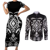 Black Ngaru Taniko With Aotearoa Maori Tattoo Couples Matching Short Sleeve Bodycon Dress and Long Sleeve Button Shirt LT14 Black - Polynesian Pride