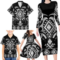 Black Ngaru Taniko With Aotearoa Maori Tattoo Family Matching Long Sleeve Bodycon Dress and Hawaiian Shirt LT14 - Polynesian Pride