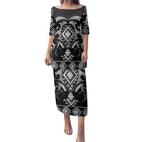 Black Ngaru Taniko With Aotearoa Maori Tattoo Family Matching Puletasi and Hawaiian Shirt LT14 Mom's Dress Black - Polynesian Pride