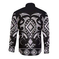 Black Ngaru Taniko With Aotearoa Maori Tattoo Long Sleeve Button Shirt