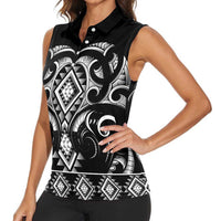 Black Ngaru Taniko With Aotearoa Maori Tattoo Women Sleeveless Polo Shirt