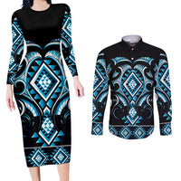 Blue Ngaru Taniko With Aotearoa Maori Tattoo Couples Matching Long Sleeve Bodycon Dress and Long Sleeve Button Shirt LT14 Blue - Polynesian Pride