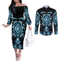 Blue Ngaru Taniko With Aotearoa Maori Tattoo Couples Matching Off The Shoulder Long Sleeve Dress and Long Sleeve Button Shirt LT14 Blue - Polynesian Pride