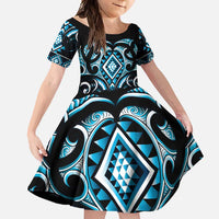 Blue Ngaru Taniko With Aotearoa Maori Tattoo Family Matching Long Sleeve Bodycon Dress and Hawaiian Shirt LT14 Daughter's Dress Blue - Polynesian Pride