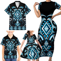 Blue Ngaru Taniko With Aotearoa Maori Tattoo Family Matching Short Sleeve Bodycon Dress and Hawaiian Shirt LT14 - Polynesian Pride