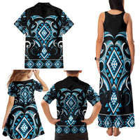 Blue Ngaru Taniko With Aotearoa Maori Tattoo Family Matching Tank Maxi Dress and Hawaiian Shirt