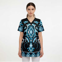Blue Ngaru Taniko With Aotearoa Maori Tattoo Scrub Top - Polynesian Pride