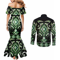 Green Ngaru Taniko With Aotearoa Maori Tattoo Couples Matching Mermaid Dress and Long Sleeve Button Shirt LT14 - Polynesian Pride