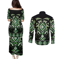 Green Ngaru Taniko With Aotearoa Maori Tattoo Couples Matching Puletasi and Long Sleeve Button Shirt