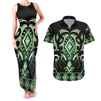 Green Ngaru Taniko With Aotearoa Maori Tattoo Couples Matching Tank Maxi Dress and Hawaiian Shirt