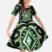 Green Ngaru Taniko With Aotearoa Maori Tattoo Family Matching Long Sleeve Bodycon Dress and Hawaiian Shirt LT14 Daughter's Dress Green - Polynesian Pride