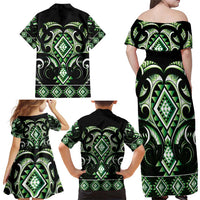 Green Ngaru Taniko With Aotearoa Maori Tattoo Family Matching Off Shoulder Maxi Dress and Hawaiian Shirt