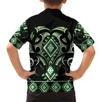Green Ngaru Taniko With Aotearoa Maori Tattoo Family Matching Off Shoulder Short Dress and Hawaiian Shirt