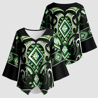 Green Ngaru Taniko With Aotearoa Maori Tattoo Kimono Sleeve Blouse - Polynesian Pride