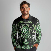 Green Ngaru Taniko With Aotearoa Maori Tattoo Long Sleeve Polo Shirt