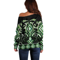 Green Ngaru Taniko With Aotearoa Maori Tattoo Off Shoulder Sweater