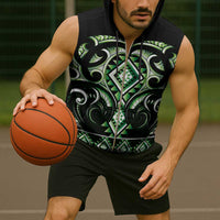 Green Ngaru Taniko With Aotearoa Maori Tattoo Sleeveless Zip Hoodie LT14 - Polynesian Pride