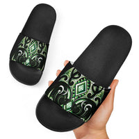 Green Ngaru Taniko With Aotearoa Maori Tattoo Slide Sandals - Polynesian Pride