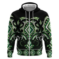 Green Ngaru Taniko With Aotearoa Maori Tattoo Zip Hoodie LT14 Zip Hoodie Green - Polynesian Pride