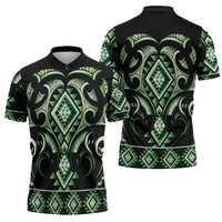 Green Ngaru Taniko With Aotearoa Maori Tattoo Zipper Polo Shirt - Polynesian Pride