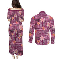 Pink Hawaii Plumeria With Tropical Flowers Motifs Couples Matching Puletasi and Long Sleeve Button Shirt LT14 - Polynesian Pride