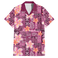 Pink Hawaii Plumeria With Tropical Flowers Motifs Family Matching Off Shoulder Maxi Dress and Hawaiian Shirt