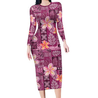 Pink Hawaii Plumeria With Tropical Flowers Motifs Long Sleeve Bodycon Dress
