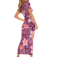 Pink Hawaii Plumeria With Tropical Flowers Motifs Short Sleeve Bodycon Dress