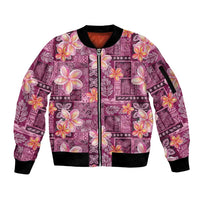 Pink Hawaii Plumeria With Tropical Flowers Motifs Sleeve Zip Bomber Jacket LT14 Unisex Pink - Polynesian Pride