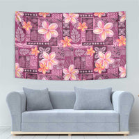 Pink Hawaii Plumeria With Tropical Flowers Motifs Tapestry