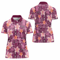 Pink Hawaii Plumeria With Tropical Flowers Motifs Women Polo Shirt