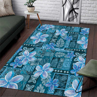 Cyan Hawaii Plumeria With Tropical Flowers Motifs Area Rug