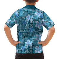 Cyan Hawaii Plumeria With Tropical Flowers Motifs Family Matching Off Shoulder Maxi Dress and Hawaiian Shirt
