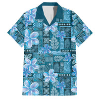 Cyan Hawaii Plumeria With Tropical Flowers Motifs Family Matching Off Shoulder Maxi Dress and Hawaiian Shirt