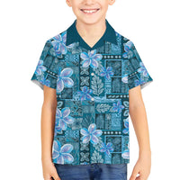 Cyan Hawaii Plumeria With Tropical Flowers Motifs Family Matching Off Shoulder Maxi Dress and Hawaiian Shirt