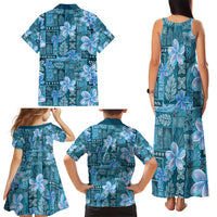 Cyan Hawaii Plumeria With Tropical Flowers Motifs Family Matching Tank Maxi Dress and Hawaiian Shirt