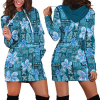 Cyan Hawaii Plumeria With Tropical Flowers Motifs Hoodie Dress