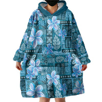 Cyan Hawaii Plumeria With Tropical Flowers Motifs Wearable Blanket Hoodie