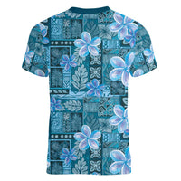 Cyan Hawaii Plumeria With Tropical Flowers Motifs Women V-Neck T-Shirt LT14 - Polynesian Pride